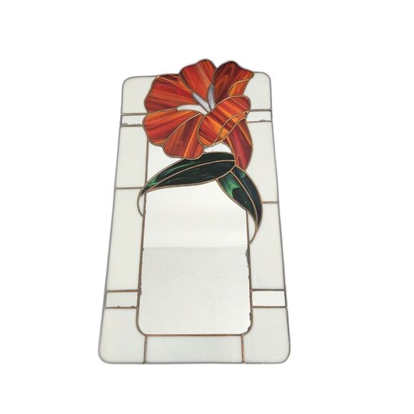 Vtg STAINED GLASS MIRROR WALL HANGING PICTURE FLOWER TROPICAL WINDOW SUN CATCHER - Picture 2 of 8